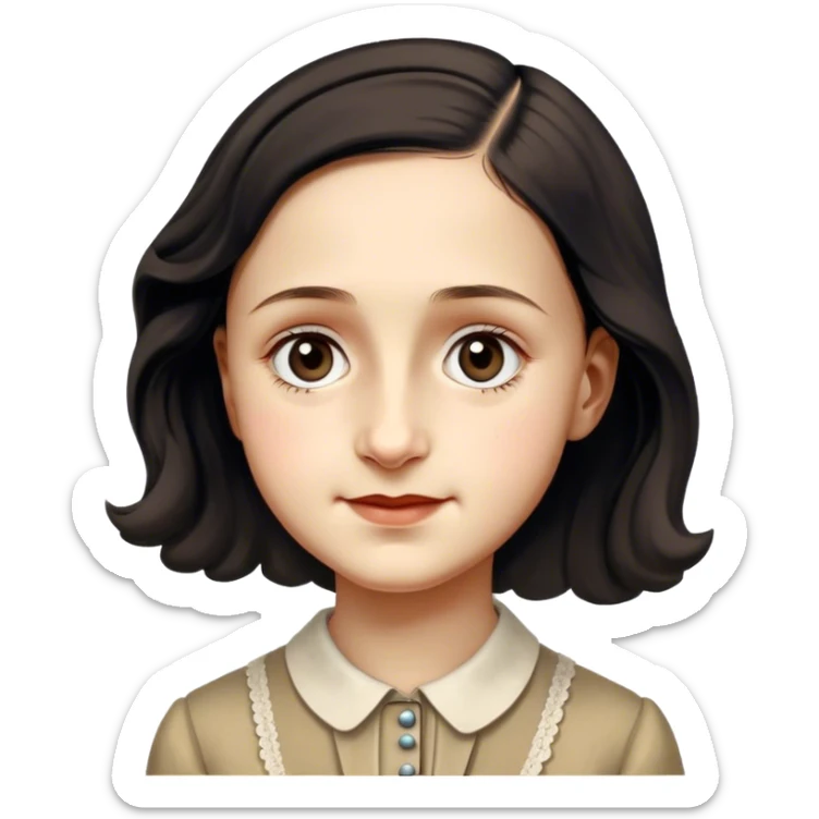 Anne Frank – Cinematic Realistic Portrait of Anne Frank, depicted with a reflective, gentle expression in period clothing, her eyes conveying hope and resilience, rendered with soft, natural lighting and delicate textures that capture the poignancy of her legacy. sticker