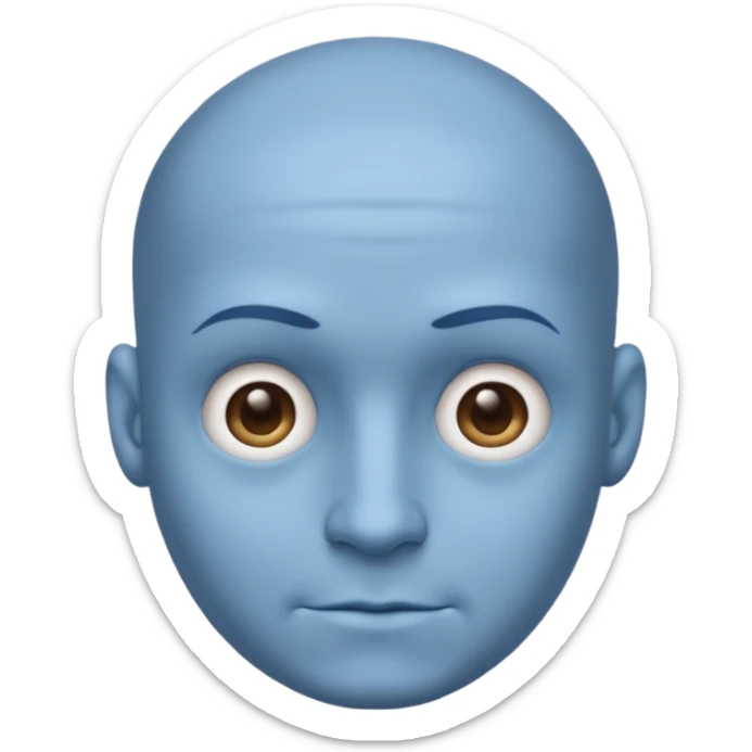 Bald male emoji with blue skin, no smile, like neutral face, but with a big head / forehead sticker