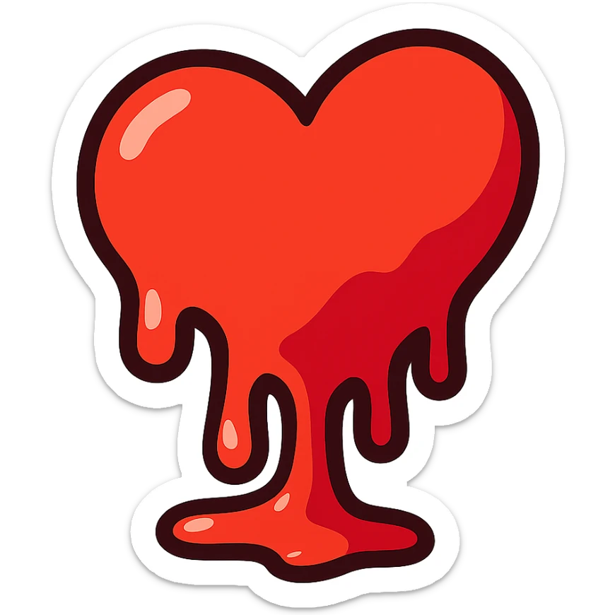 Make the heart faceless, skew the heart to the right, and give it a melting effect similar to the melting face emoji reference. Keep the style consistent with the original vibrant toon style, with no background. sticker