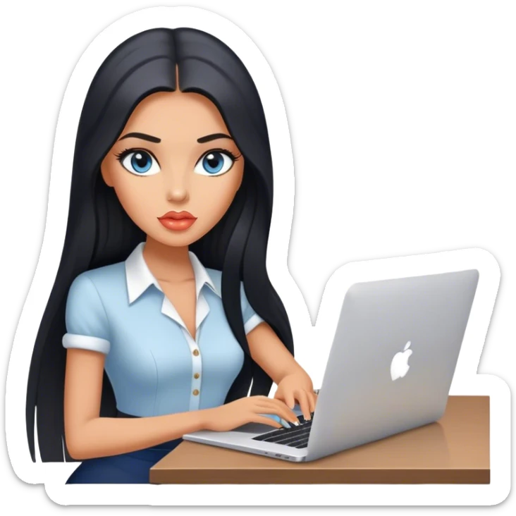 Glamours tanned very beautiful girl with pump peach lips and black straight smooth long hair, blue-grey eyes with MacBook in the office sticker