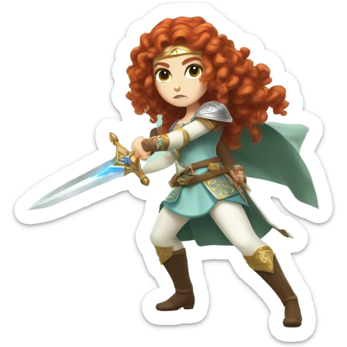 a white girl with long red curly hair and freckles, cosplaying Princess Zelda posing and ready for a fight sticker
