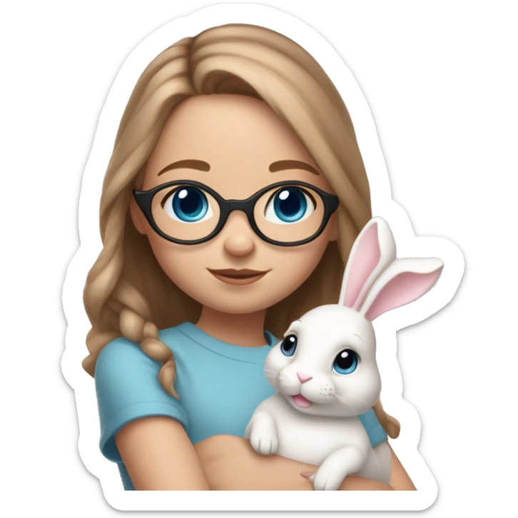 9 year old girl. Blue eyes. Light brown medium length hair. Fair skin. Blue eyes. Glasses. Freckles on nose. Light pink lips. Holding white bunny sticker