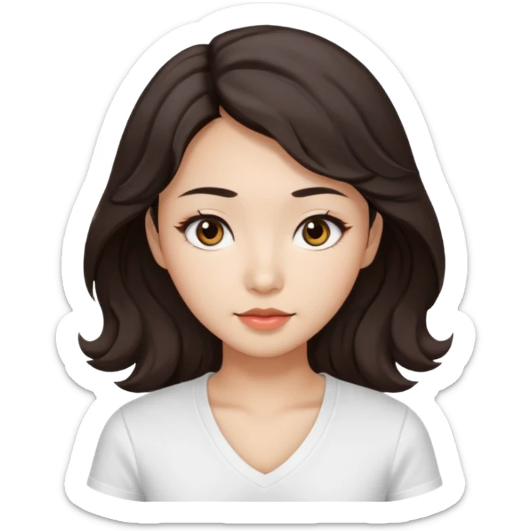 iOS style emoji. A girl with very long dark brown wavy hair. And the eyes color is dark brown. And she is wearing white t shirt with V kneck. And she is 30. She is Asian with double eyelids  sticker