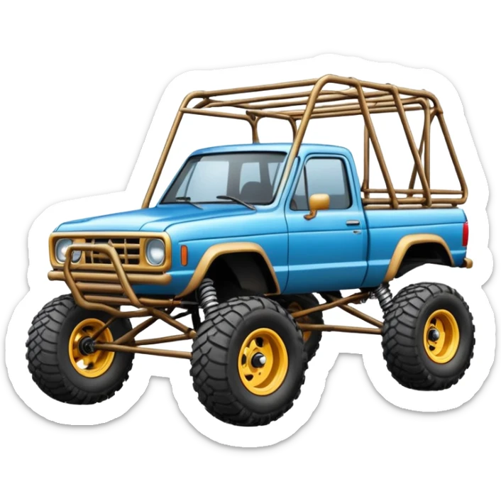 Off road Race truck whose frame and detailed suspension is made of shopping cart material with padded roll cage and antique style handmade bodywork  sticker