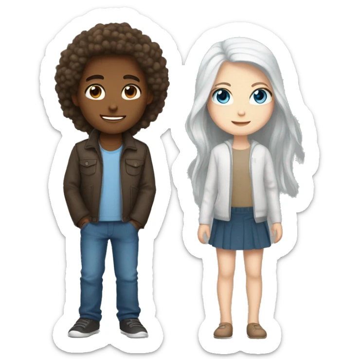 girl with long brown hair and light skin love in boy with blue eyes and white hair  sticker