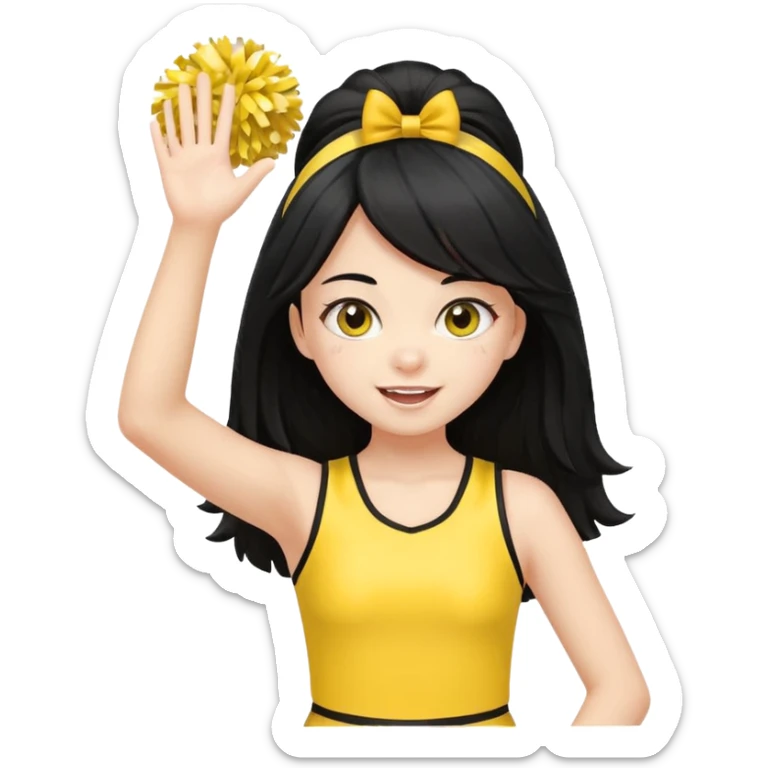 A long black hair teen girl waving pom-poms, eyes sparkling with excitement, yellow cheer leader top sticker