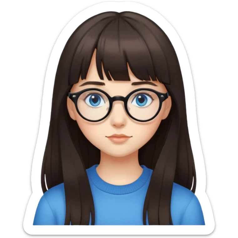 teenage girl with long dark brown hair, bangs, blue eyes, round glasses with thin black frames sticker