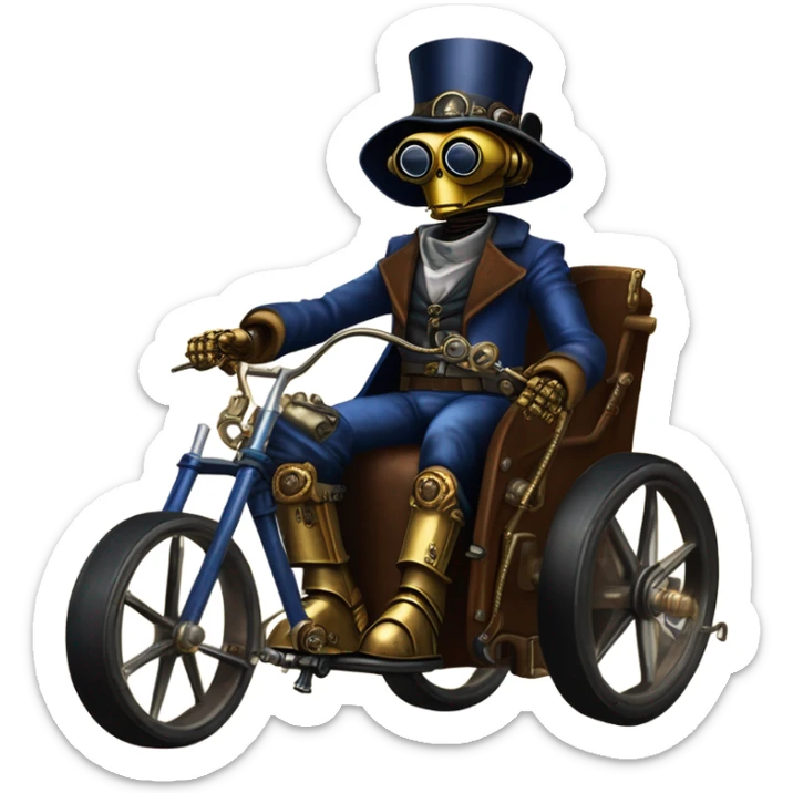 Old west Bounty hunter C-3PO wearing a pair of navy-blue rimmed steampunk goggles, hat, leather chaps, fringe jacket riding a relaxed 3 wheeler trike steampunk rat rod motorcycle in desert town  sticker