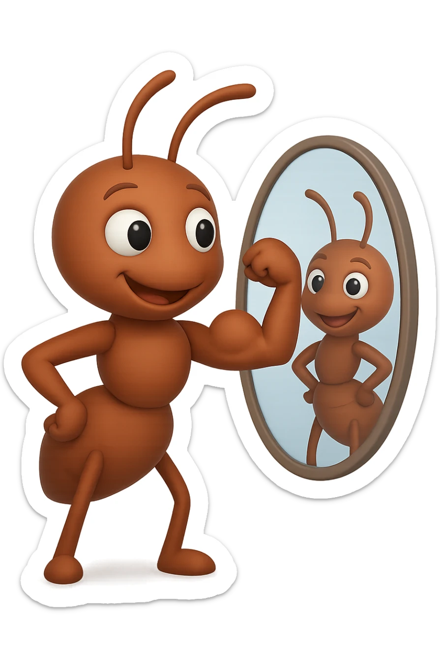 EMOJI STILE IPHONE 3D DI una formica che si guarda allo specchio felice e sicura di sè mentre contrae il suo bicipite muscoloso, fagli anche la parte bianca degli OCCHI, non solo la pupilla sticker