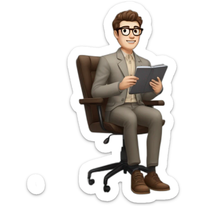 Pale skinned Fit Man With dark brown hair in gray jacket, beige office shirt, Brown pants and vintage glasses sitting In a soft chair with a notebook on spring with emblem Ψ and a pen sticker