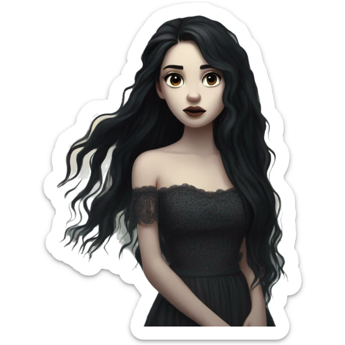 Dramatic girl  very pale with dark lighting  with black hair  in river with very very long lace dress  black long hair flying in the wind sad face  white eyes sticker