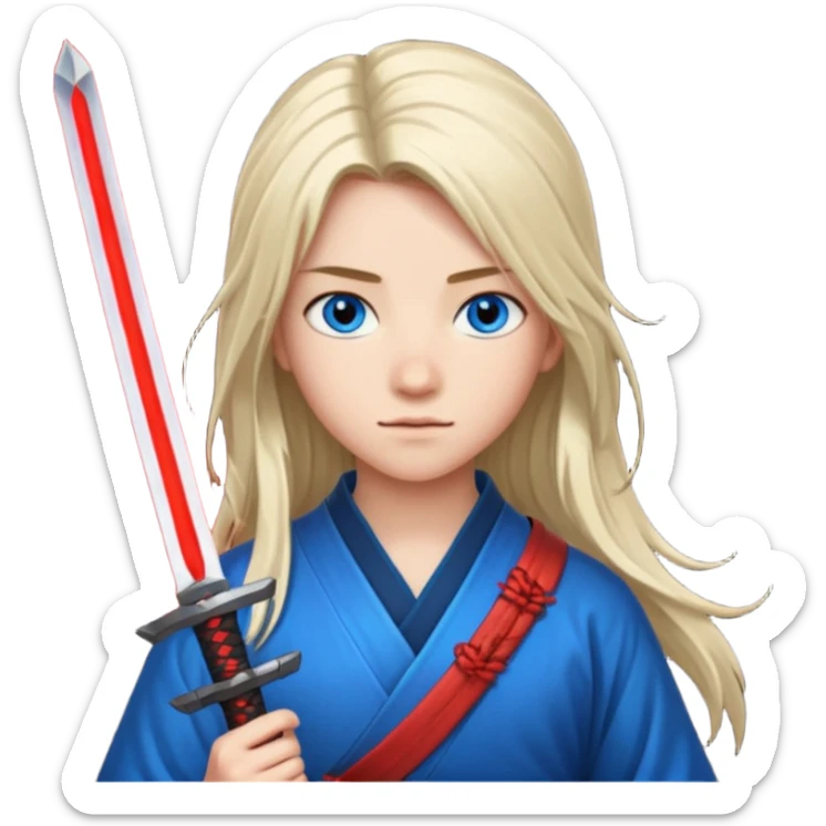 A 14 year old with red glowing katana and his hair be long and eye colour of blue with beautiful background sticker