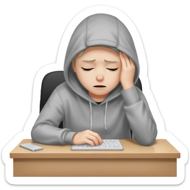 A person wearing a hoodie experiencing burnout, exhausted and overwhelmed, tired eyes, slumped posture, sitting at a desk, iOS emoji style sticker