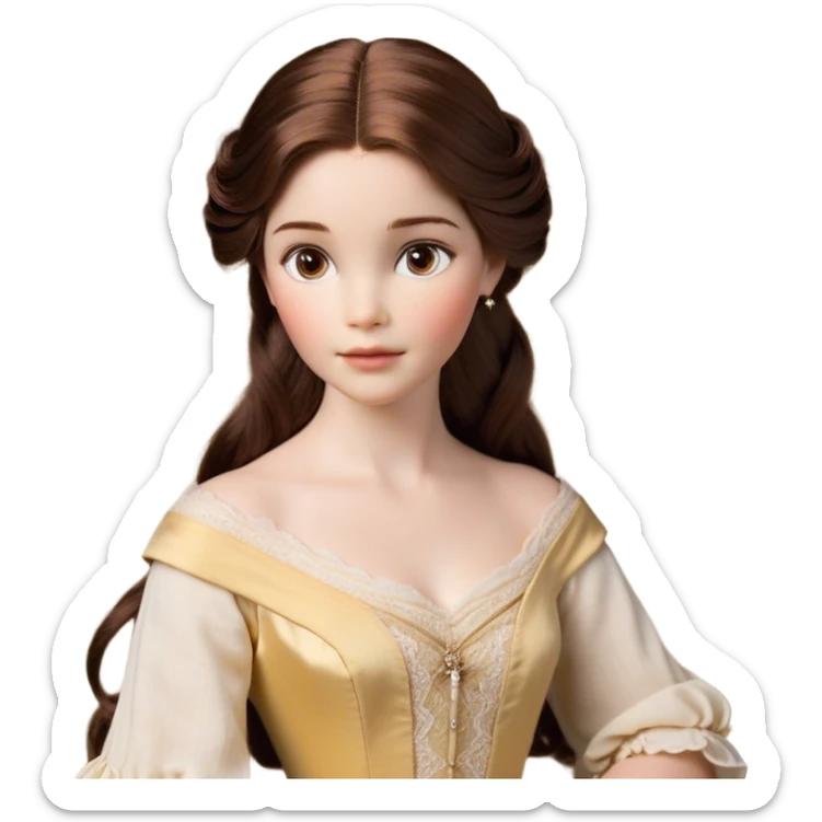 Cinematic Realistic Belle Portrait, depicted with lifelike skin texture, soft natural lighting, and intricately detailed brown hair styled elegantly. Her deep, expressive eyes exude warmth and intelligence, complemented by a serene and graceful expression. She is dressed in her classic attire, with rich fabric textures and delicate folds that catch the light beautifully. The portrait features a soft, enchanting glow with a natural, radiant finish, capturing the essence of timeless beauty in a realistic and painterly style, evoking a sense of depth and authenticity. sticker