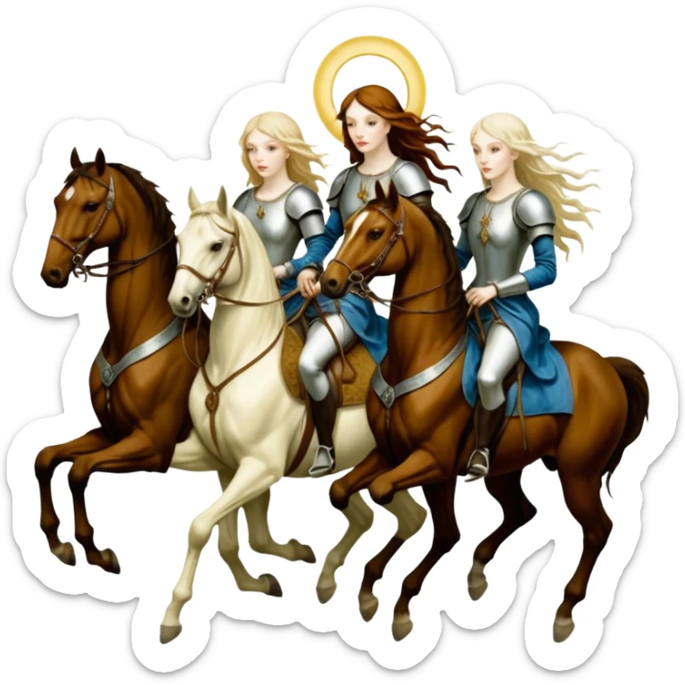 aesthetic brilliant radiant divine lighting, oil paint - ivory Four thin women as horsemen of the Apocalypse, after a graphic by Albrecht Dürer sticker