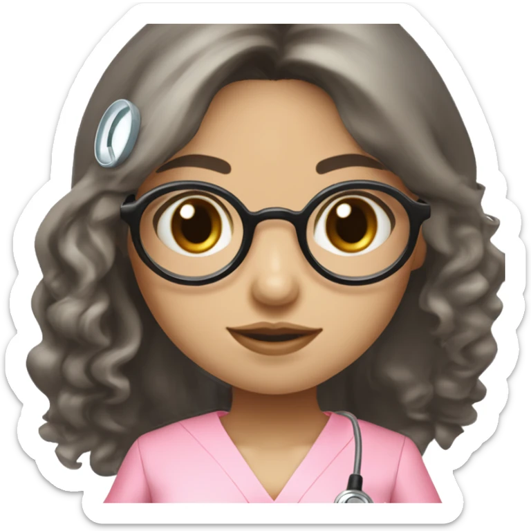PrettyAian girl (beige white skin tone and big eyes) with circle silver glasses, hair bang and wavy long black hair , wearing a pink nurse uniform (scrub) with a stethoscope sticker