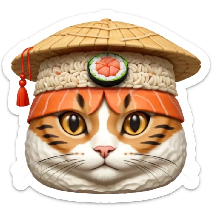cat wearing a hat made out of sushi, highly detailed sushi hat sticker
