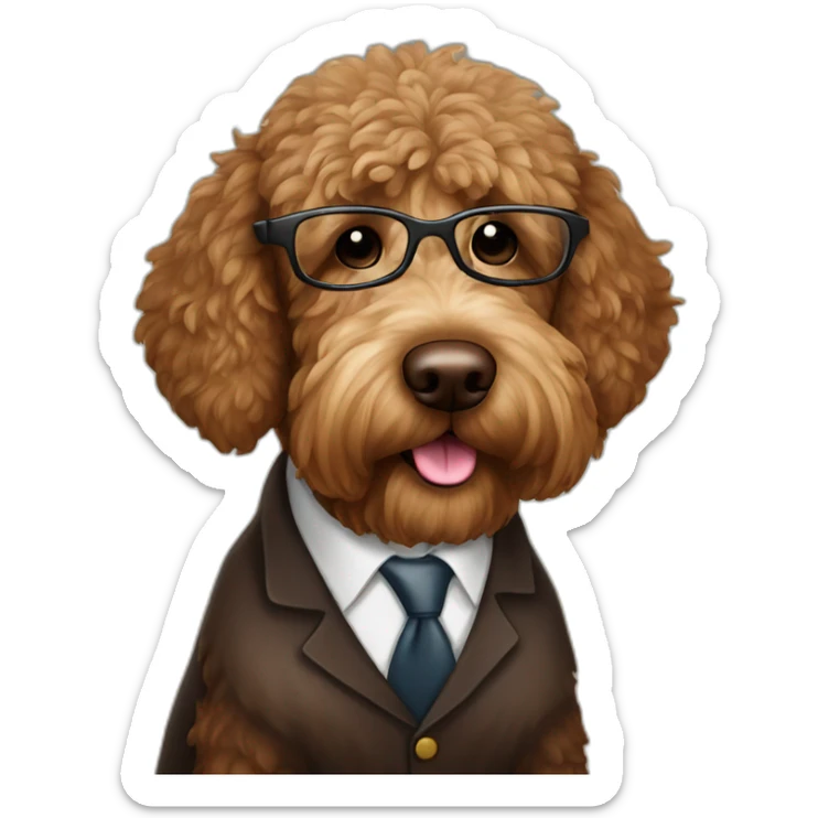 A chocolate colored golden doodle wearing a suit and glasses on the stand in court sticker