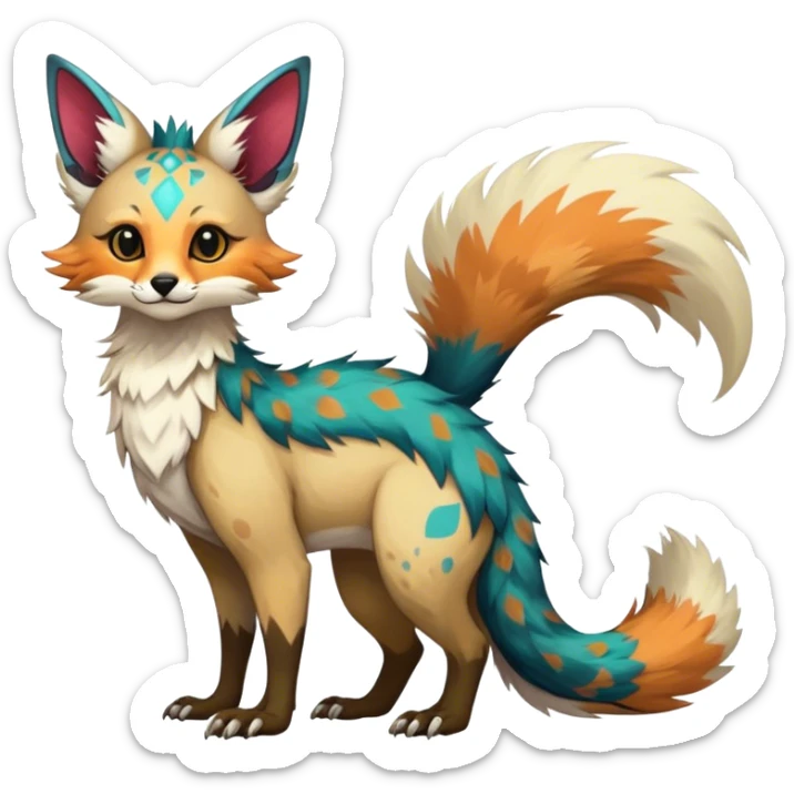 Feral Rare Fantasy vibrant colorful Vernid-Trico-species by LiLaiRa, random markings, tufted tail, tufted ears, full body sticker