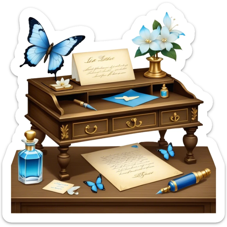 A poetic still life of an antique wooden desk adorned with an ink-stained love letter, a golden-tipped quill resting beside it. A translucent blue butterfly flutters near an elegant perfume bottle, surrounded by ivory gardenias and scattered pearls. sticker