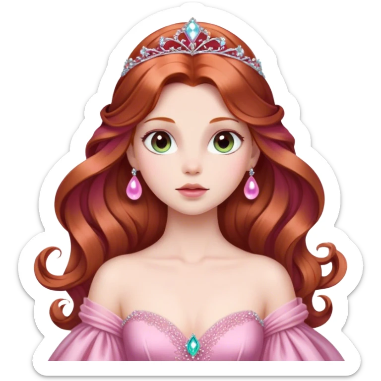 Cinematic Majestic Sleeping Beauty Portrait Emoji, rendered in a clean, vector-style with bold, simplified shapes. Show Aurora with a serene, noble expression, luminous porcelain skin, and elegantly flowing auburn hair, dressed in an opulent pink ball gown. The design radiates a majestic, enchanted glow with high shine and a soft glowing outline, embodying classic royal elegance. sticker