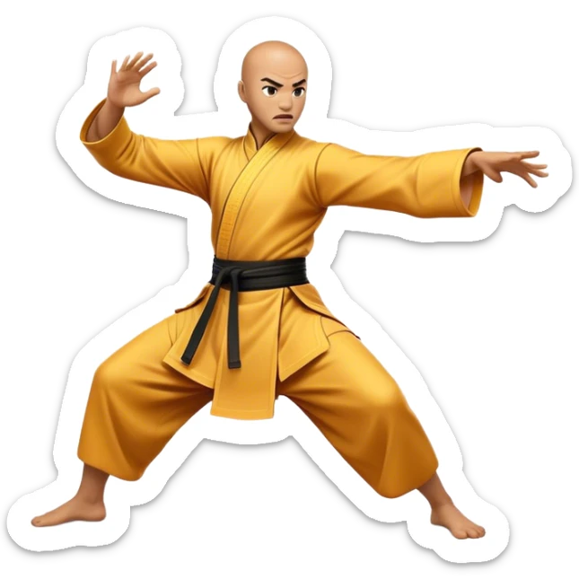 Cinematic Realistic Kung Fu Action Emoji, depicted as an epic martial arts scene with a master executing a precise move in traditional attire, rendered with fluid motion and vibrant textures under dramatic high-contrast lighting. sticker