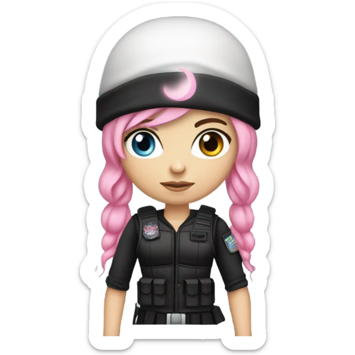white girl, tactical vest, dark pants, pink hair, blue eyes, black beanie hat with crescent moon on front, black combat boots, bow and arrow sticker