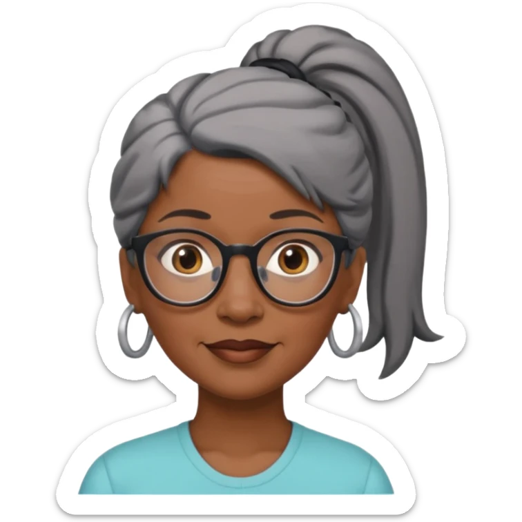emoji of a black older women with black and gray hair in a ponytail with glasses and brown eyebrows sticker