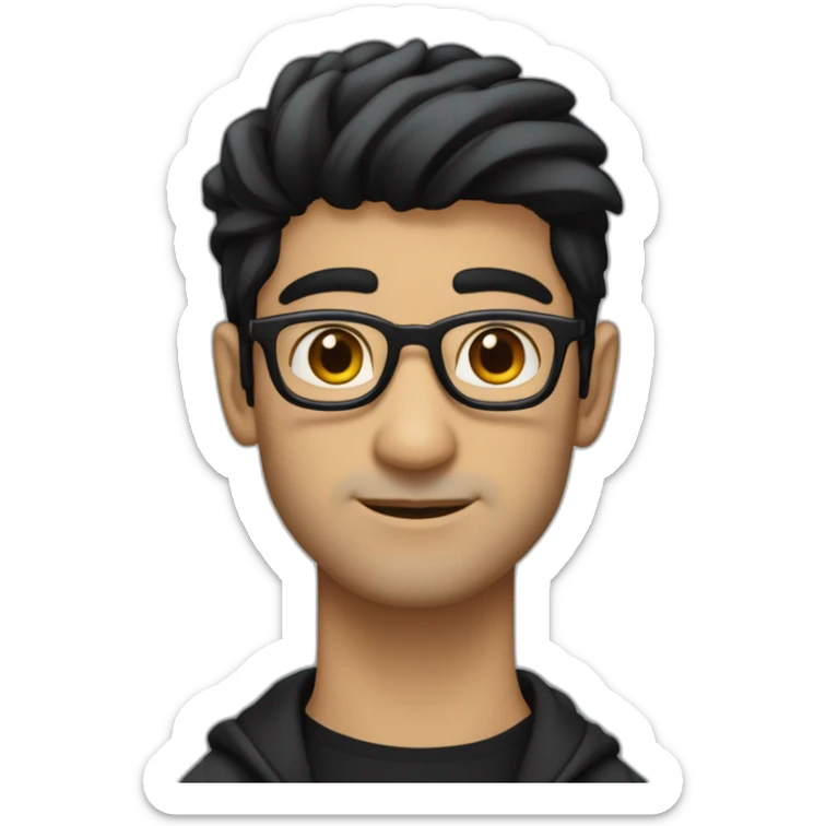 North Indian long faced white skinned male with glasses and black hair combed in front a bit and a small stub a little moustache showing up like zayn wearing a black tshirt black overcoat sticker