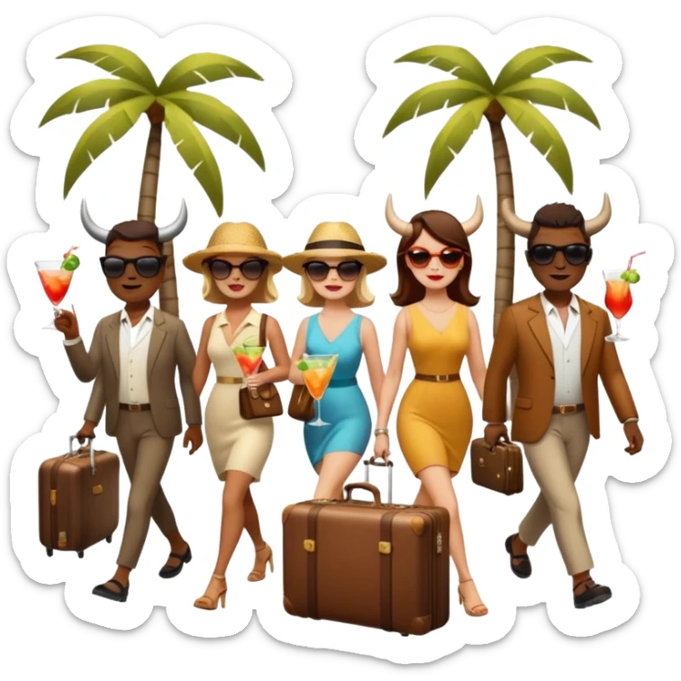 generate an emoji of a group of up to 8 male and female bulls travelling together on holidays. One bull has a suitcase, one has sunglasses, one is carrying a cocktail. They're all in motion, walking together sticker