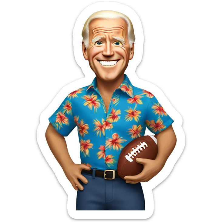 Joe Biden wearing a Hawaiian shirt wearing a football helmet sticker