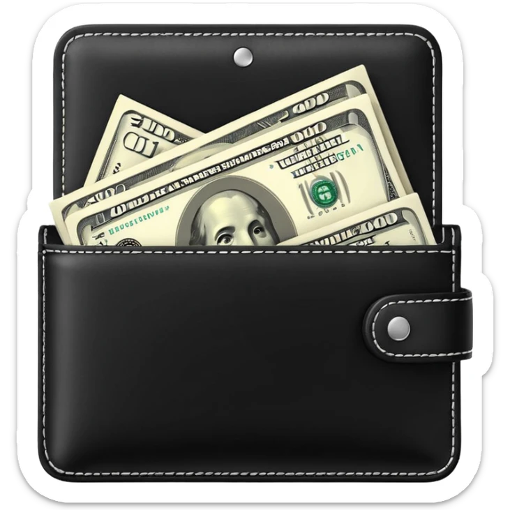 Rich emoji style black leather wallet with dollar bills, luxury money vibe, premium 3D emoji, ultra clean, high detail, no background
 sticker