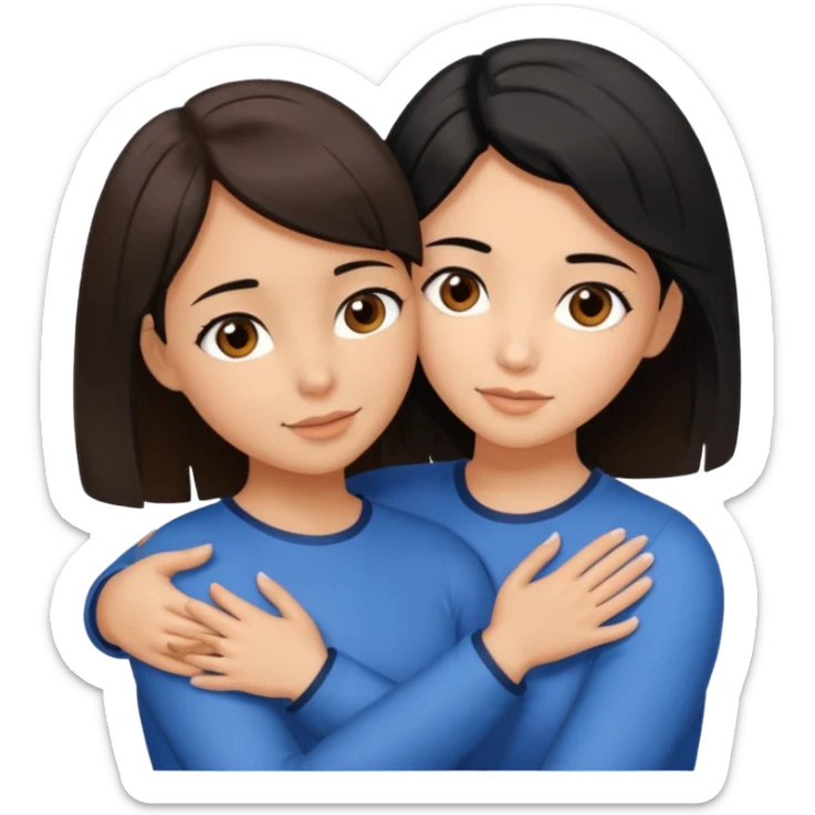 a brown-eyed brunette hugs a brown-eyed girl with a bob and black hair, and the strands are blue sticker