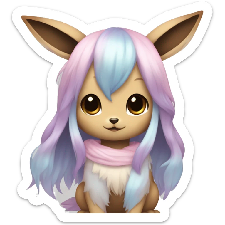 Kawaii Shiny Pastel Eevee with dark brown long emo hair covering her eyes Full Body sticker