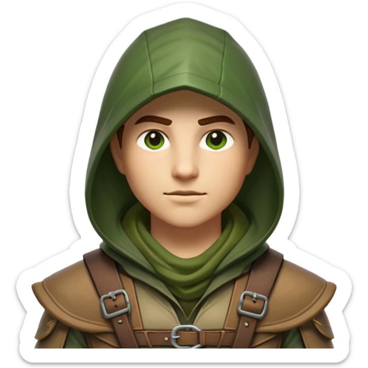 Clash of Clans aesthetic friendly Ranger Portrait Emoji, With a lean, agile build clad in earth-toned leather and green accents, a keen, focused gaze and a weathered hood shadowing determined eyes, his face rendered in a natural skin tone (not yellow), Simplified yet sharply defined features, highly detailed, glowing with a soft, natural woodland radiance, high shine, intelligent and resolute, stylized with an air of forest guardian authority, focused and alert, soft glowing outline, capturing the essence of a confident ranger ready to defend the wild with stealth and valor! sticker