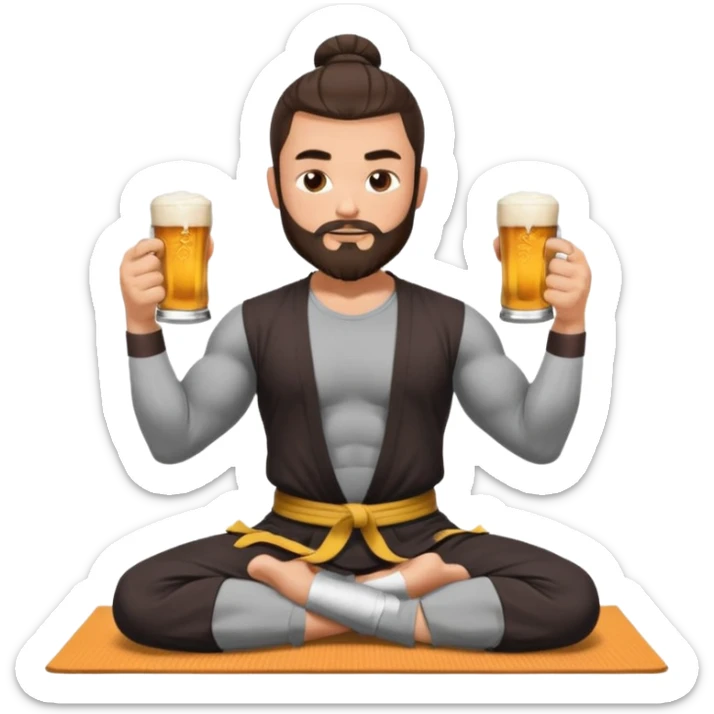slavic muscled guy with dark brown hair and beard, sitting in yoga pose on a mat, kung fu clothes, long and volume dark hair, holding beer mugs in two hands, sitting sticker