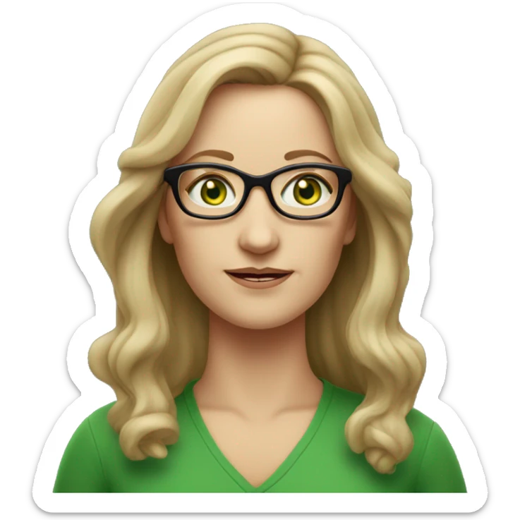 Middle aged white woman long  dark blonde hair green eyes with glasses  sticker