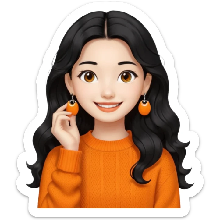 Korean 24-year-old female online shopping mall seller / Orange knit / White face / Earrings / Smiling expression / Long wavy hair / Influencer vibe / Fashionable / Black hair sticker
