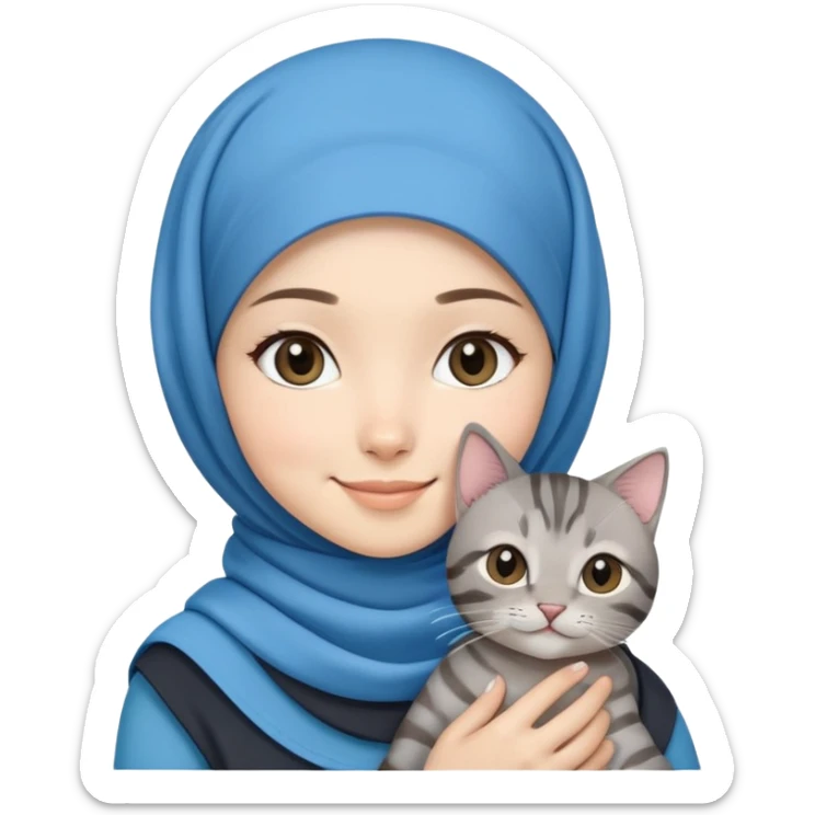 Asian white girl wearing cute blue hijab holding a black grey tabby cat while smiling sticker