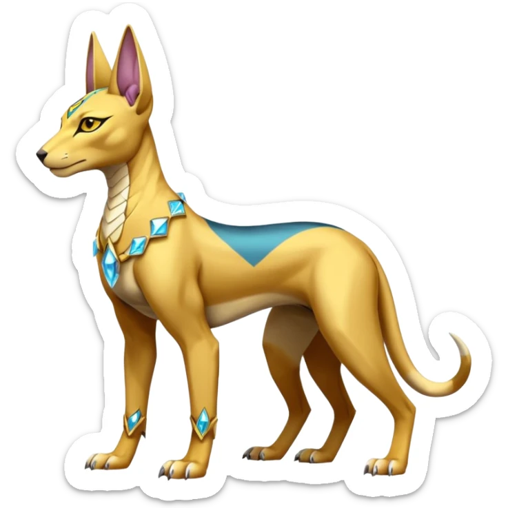 Modern futuristic shiny diamond colorful Anubis-Sphynx-Lombax-Zeraora-Renamon-fusion (full body) sticker