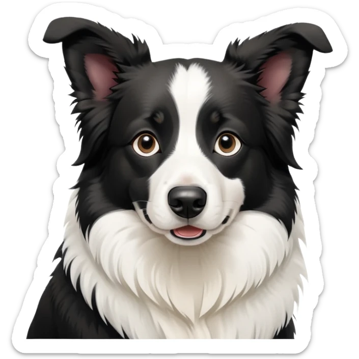 Sitting Border Collie dog with ONLY ONE single black ear, the rest of the dog including the other ear is completely white, extreme contrast between the one black ear and white body sticker