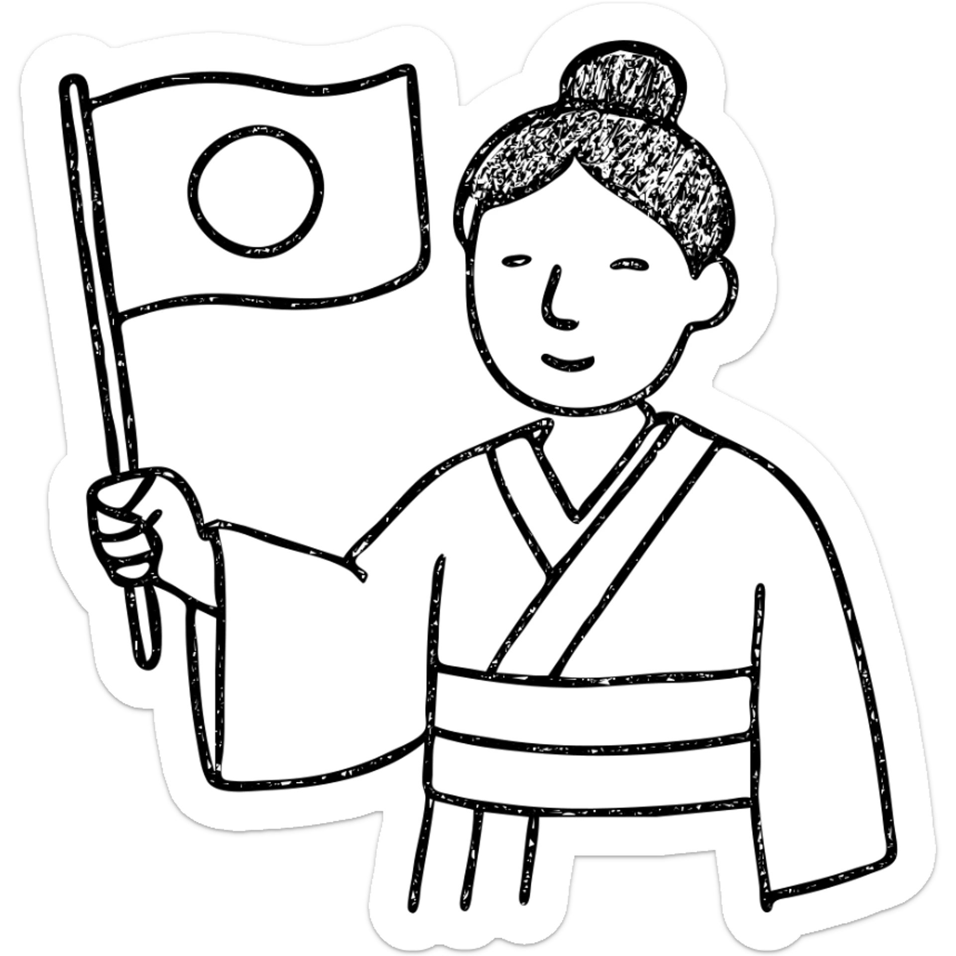 person in a traditional kimono holding the Japanese flag, hand drawn outlined icon sticker