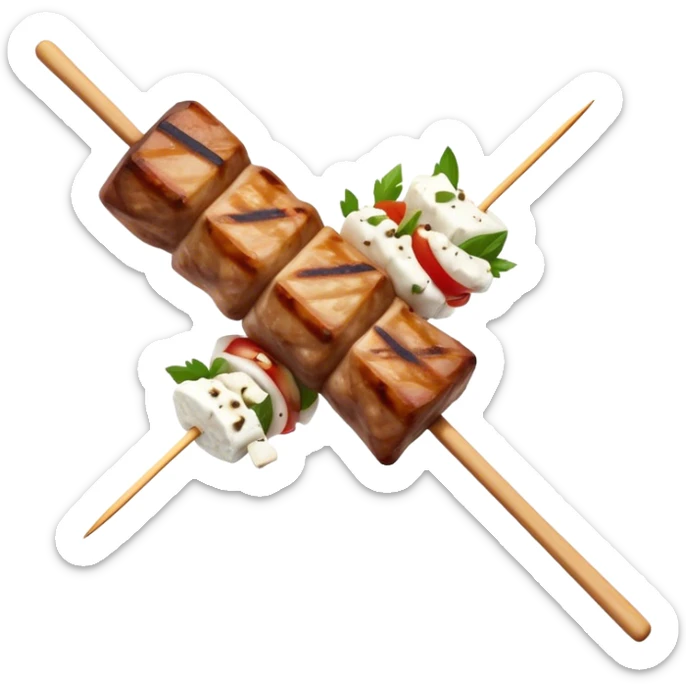 Souvlaki Cinematic Realistic Souvlaki Dish Emoji, depicted as skewered, grilled meat served with a side of crumbled feta cheese, rendered with rich textures and dynamic, appetizing lighting. sticker