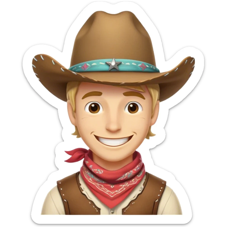 Clash of Clans aesthetic Playful Cowboy Portrait Emoji, Head tilted with a roguish, cheeky grin and twinkling eyes, featuring a compact, charming build with a jaunty hat and a friendly bandana, his natural skin tone adding authenticity, Simplified yet irresistibly charming features, highly detailed, glowing with a warm, inviting western glow, high shine, spirited and lively, stylized with an air of whimsical frontier mischief, soft glowing outline, capturing the essence of a playful cowboy exuding friendly rogue charm! sticker