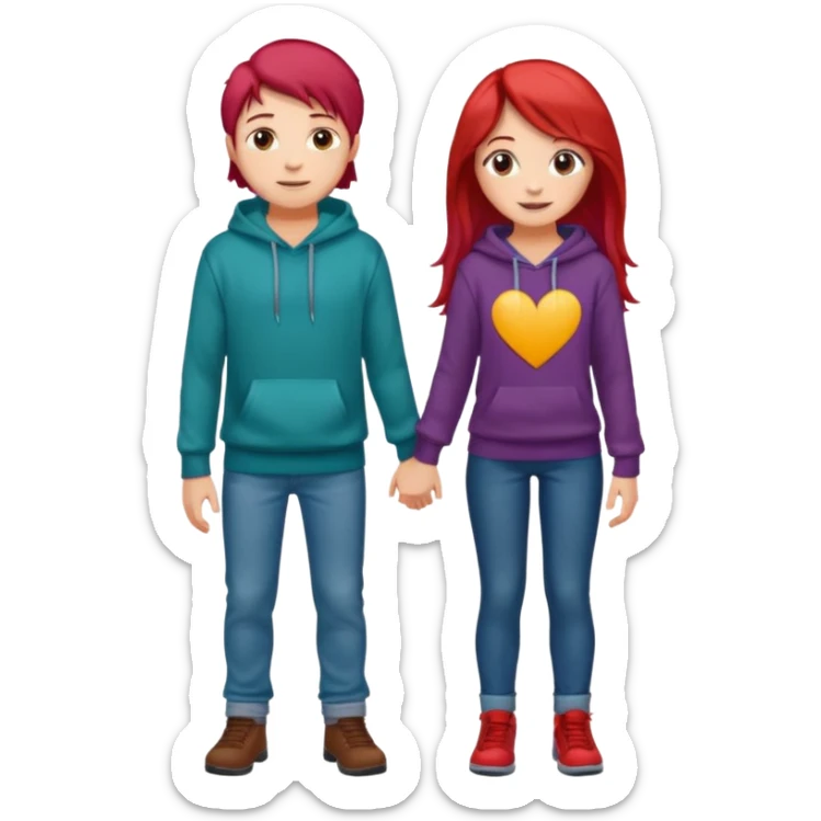 full-length happy couple, girl with long teal hair and brown eyes in colorful sweater, boy with red hair in jeans and hoodie sticker