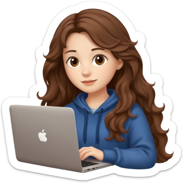 make a picture in ios 18 style of a girl with brown long wavy hair wearing cozy clothes and working on a laptop sticker