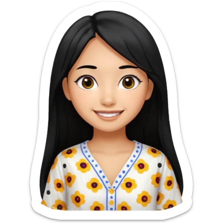 20 yr old asian woman hair white blouse with black dots center part big eyes big smile tanned skin straight black hair hippie part hair  sticker