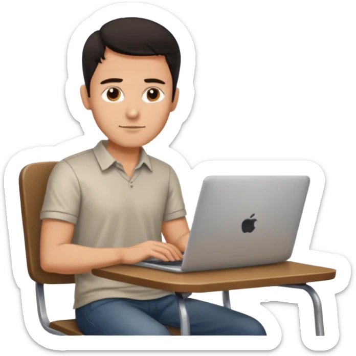 Rich man working setting on a chair in shirt, dark hair, and near the table with laptop he is german very beautiful looks like sticker