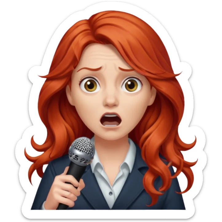 Intense fear of public speaking, white woman, long curly red hair, make hair more wavy and less puffy, and she should be holding one microphone sticker