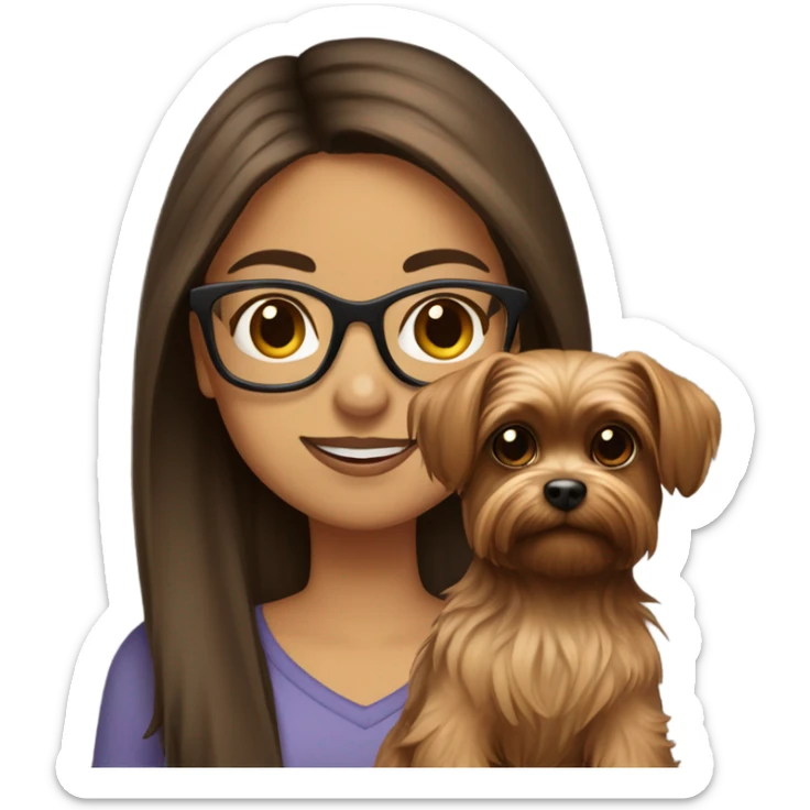 Hispanic, straight long Brown hair, girl with glasses holding tan yorkie dog sticker